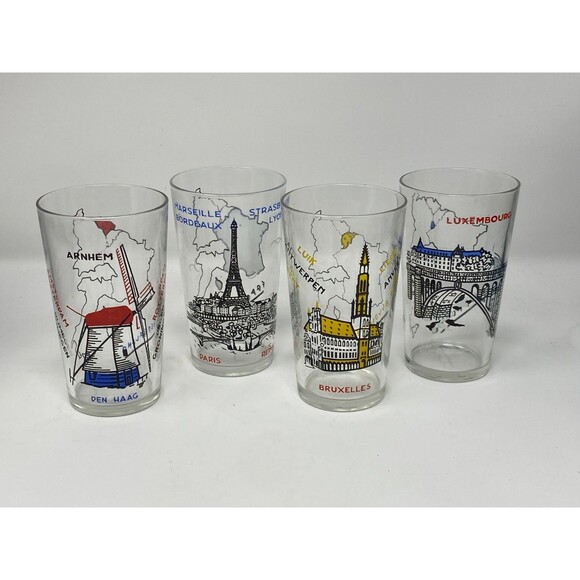 Set of 4 1950's Drinking Glasses Netherlands France Belgium Luxembourg - Picture 1 of 9